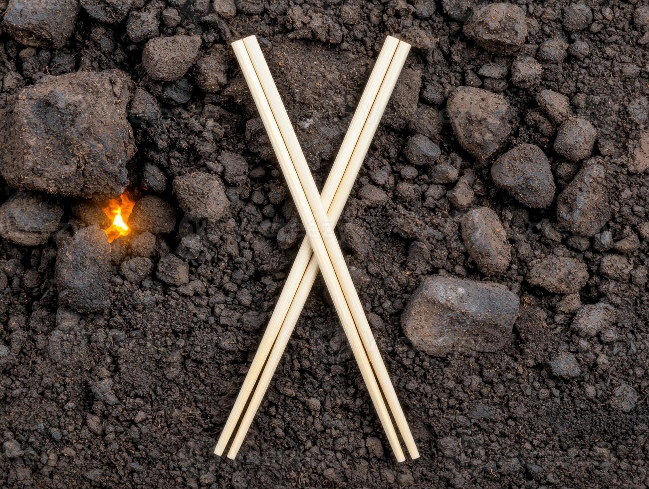 Chopsticks in an X shape on dark soil with a small flame photo