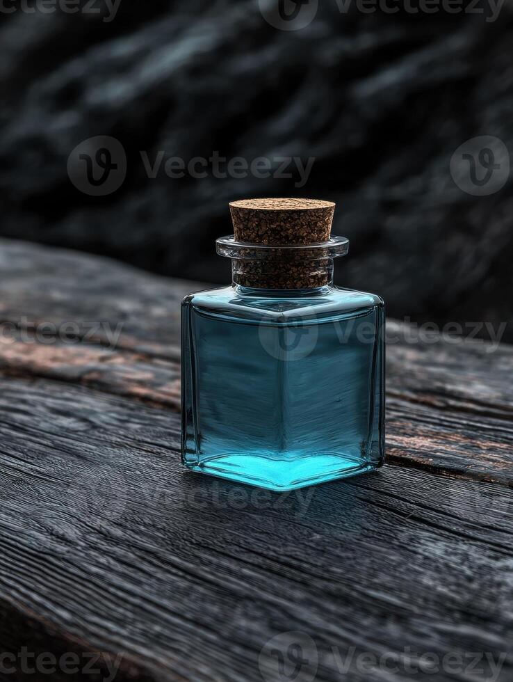 A blue potion bottle with a cork stopper on a wooden surface photo