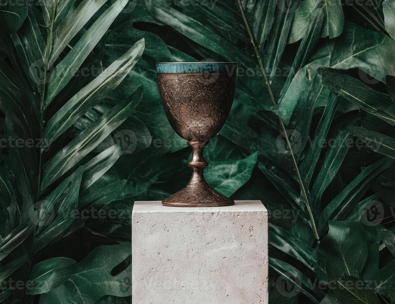 Ornate chalice on a pedestal surrounded by lush tropical foliage photo