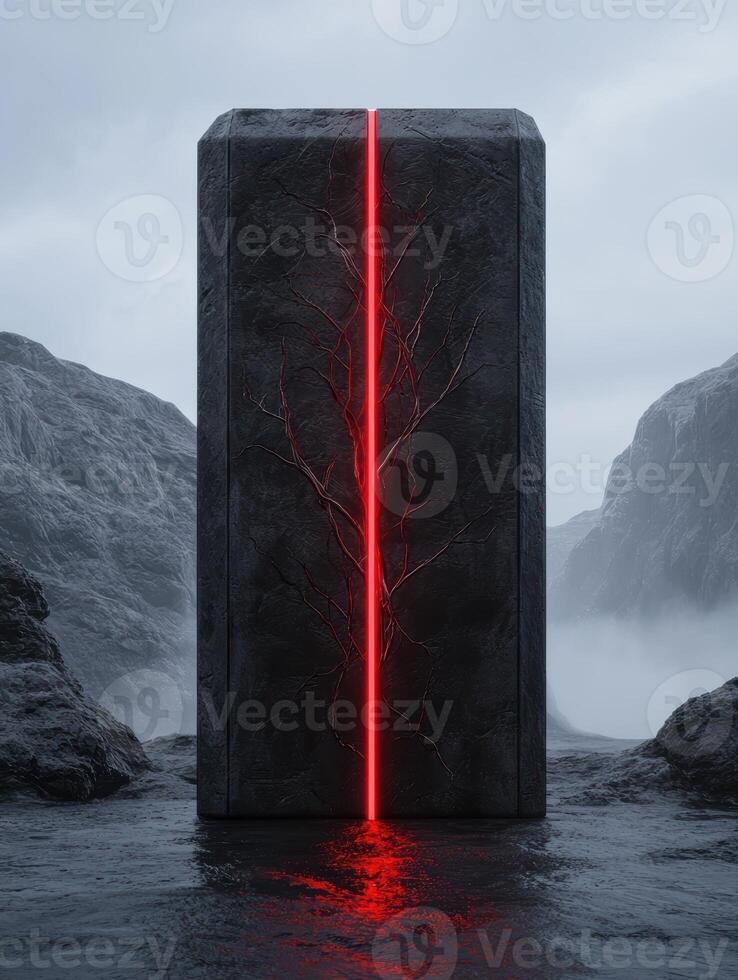 Monolith with glowing red light in a landscape photo