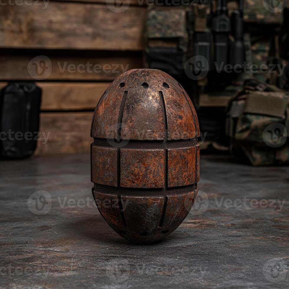 A rusty grenade on a textured surface with military gear in the background photo