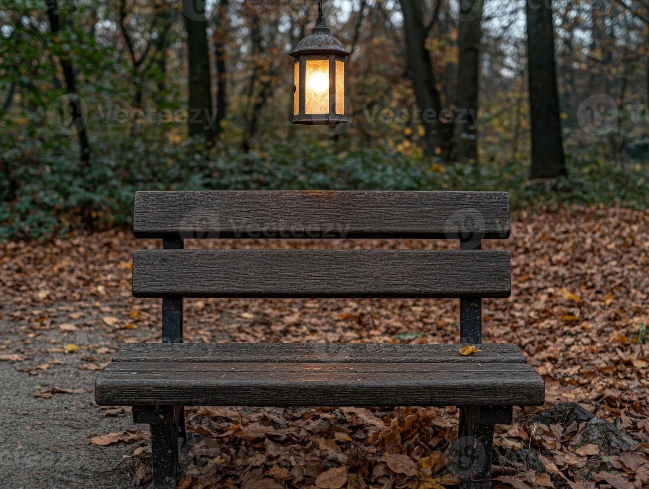 A wooden bench sits beneath a vintage lantern in a park setting photo