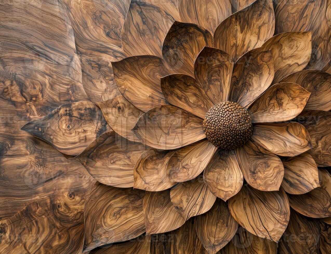Wooden flower wall art with intricate petal details photo