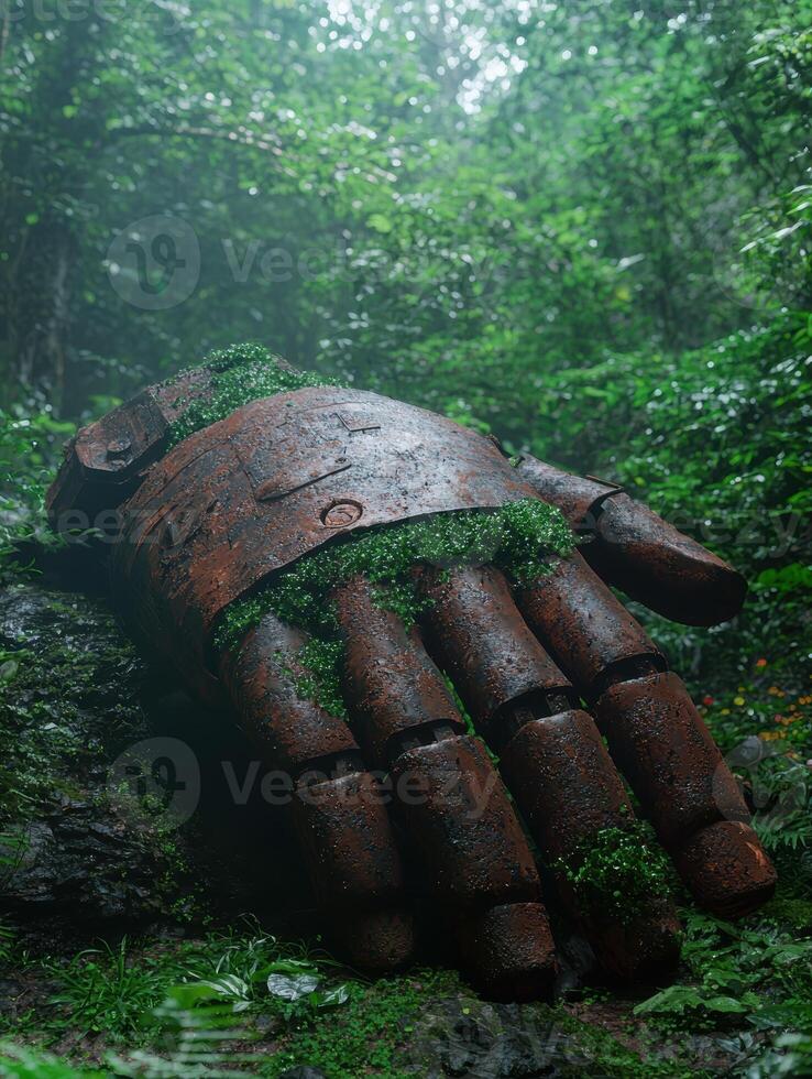 A rusty robotic hand lies overgrown in a lush forest photo