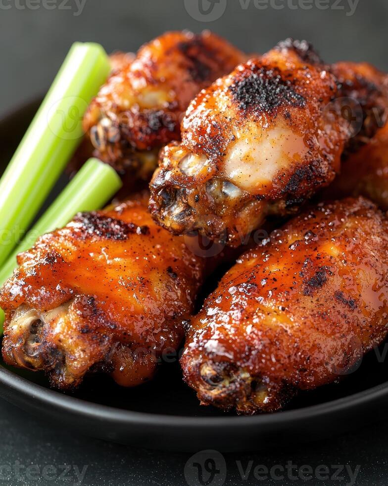 Delicious and juicy buffalo chicken wings with celery sticks photo