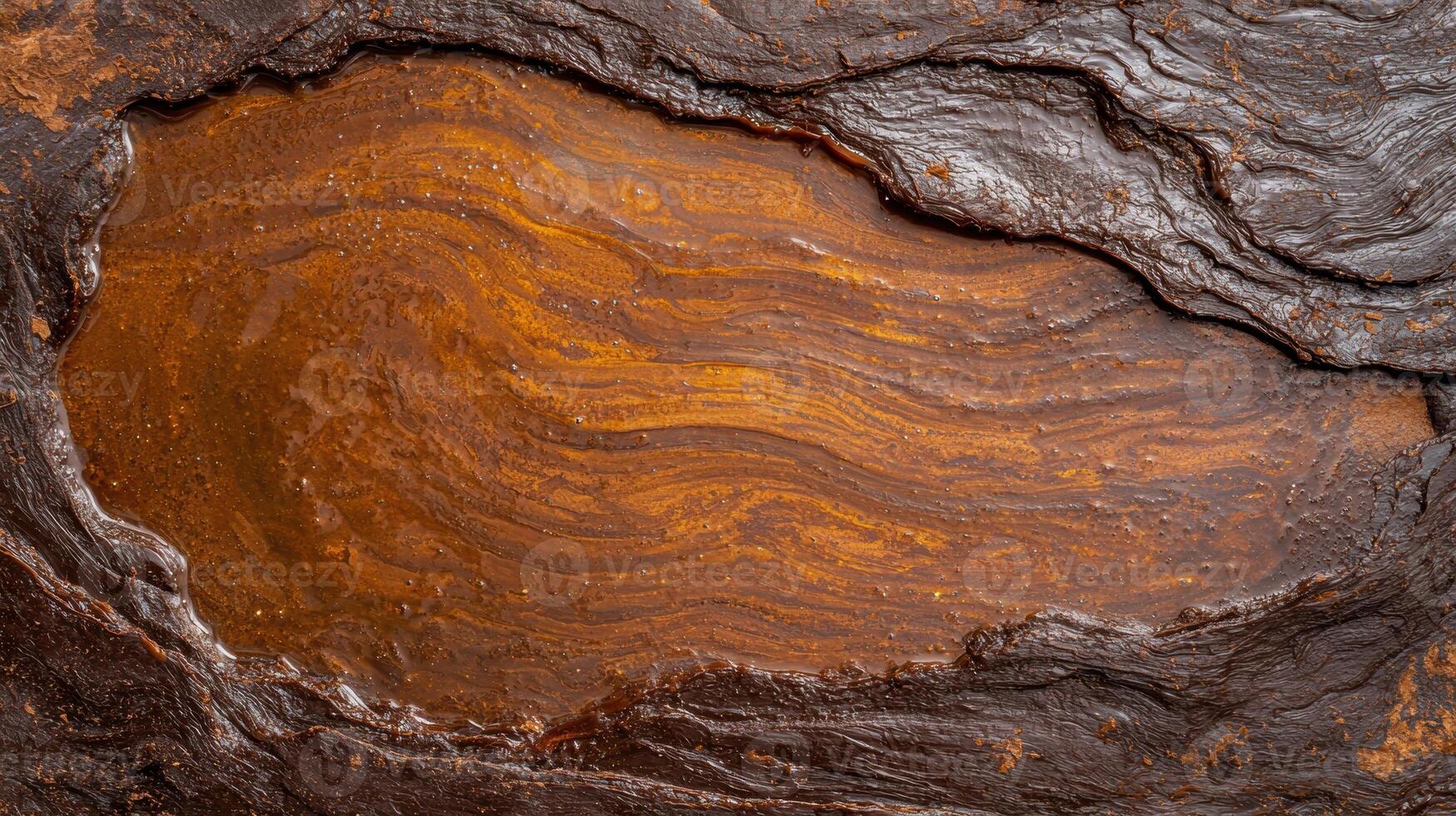 Abstract texture of brown liquid or mud with golden streaks photo