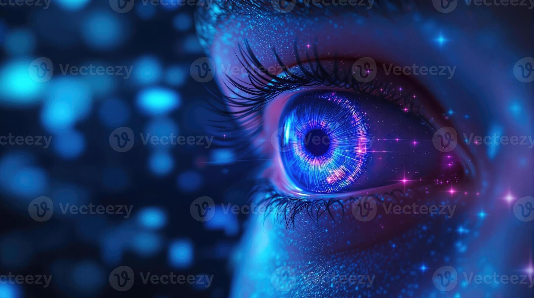 Close-up of a human eye with vibrant digital patterns and glowing particles surrounding it, showcasing technological and artistic elements of vision. photo