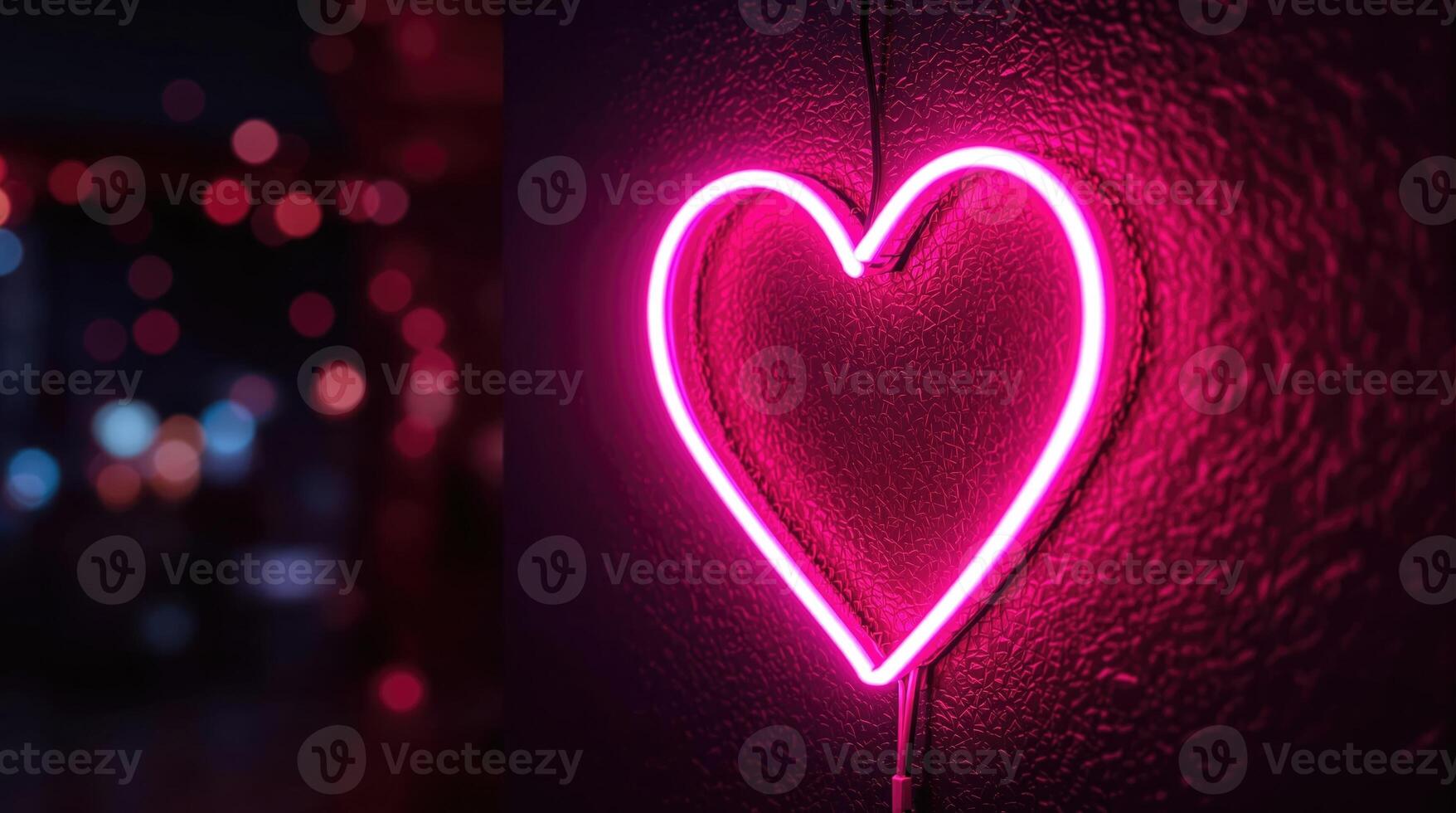 Neon heart light decoration illuminating a dark room with vibrant colors during a lively evening atmosphere. photo
