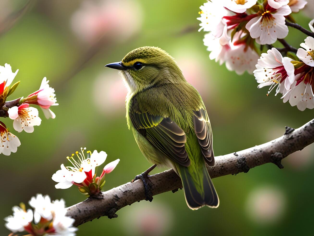 a bird is sitting on a branch with flowers photo