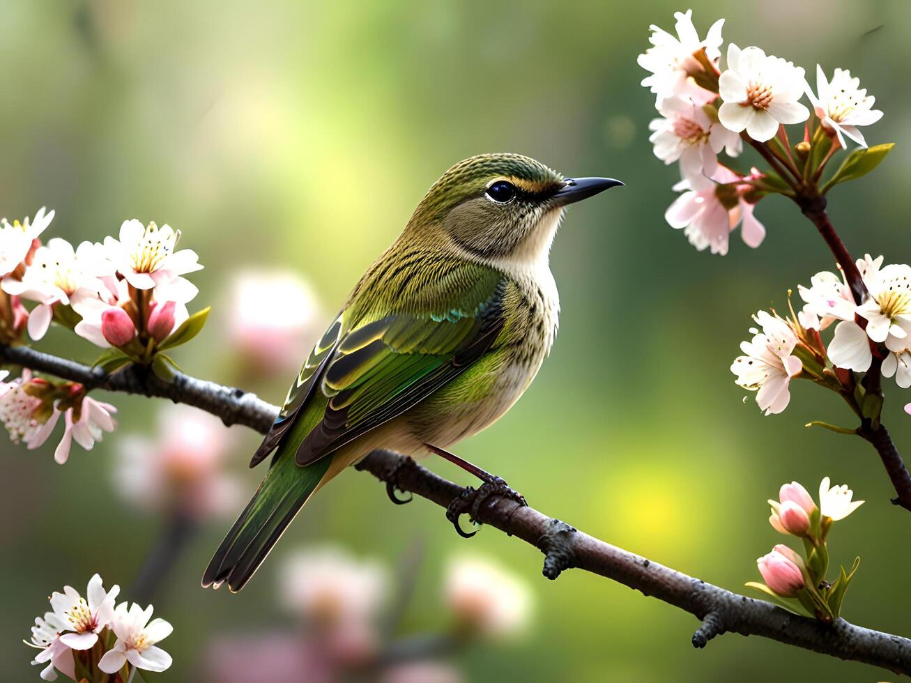 a bird is perched on a branch with flowers photo
