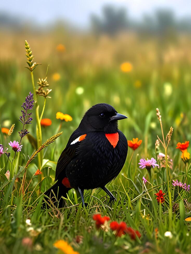 a black bird with red beak standing in a field of flowers photo