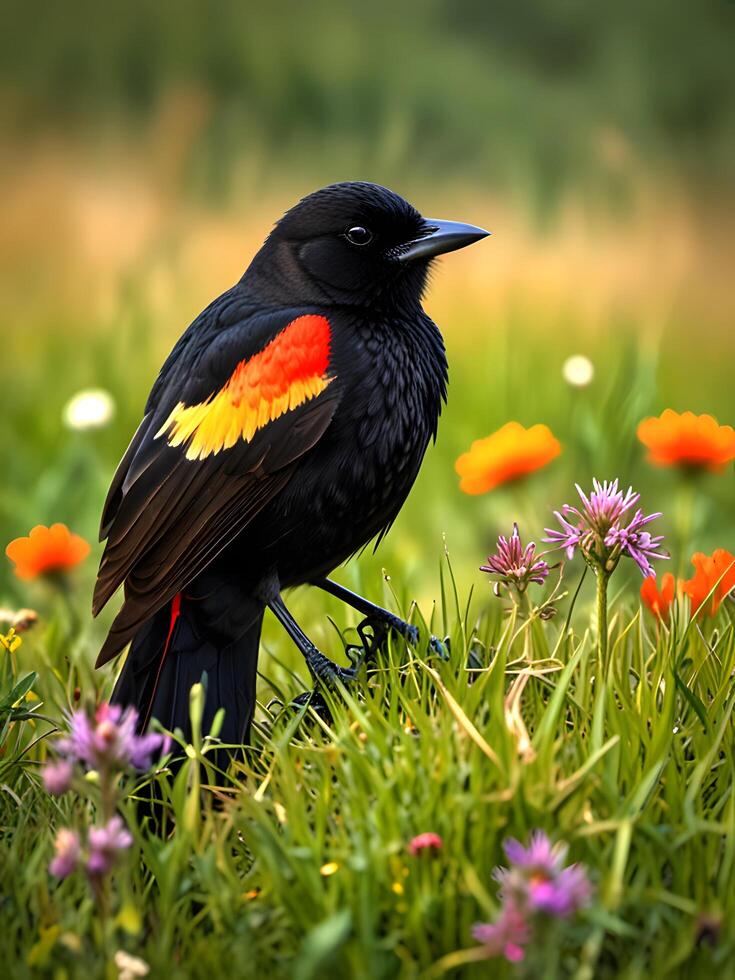 a black bird with red and yellow feathers sitting on the grass photo