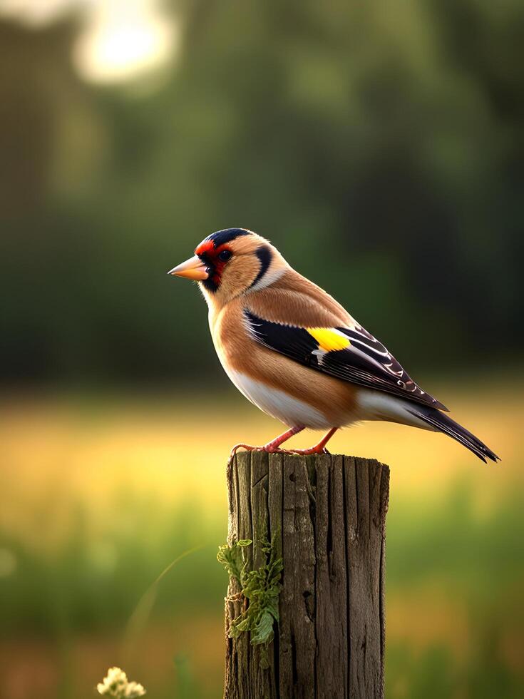 a bird is sitting on a wooden post in a field photo