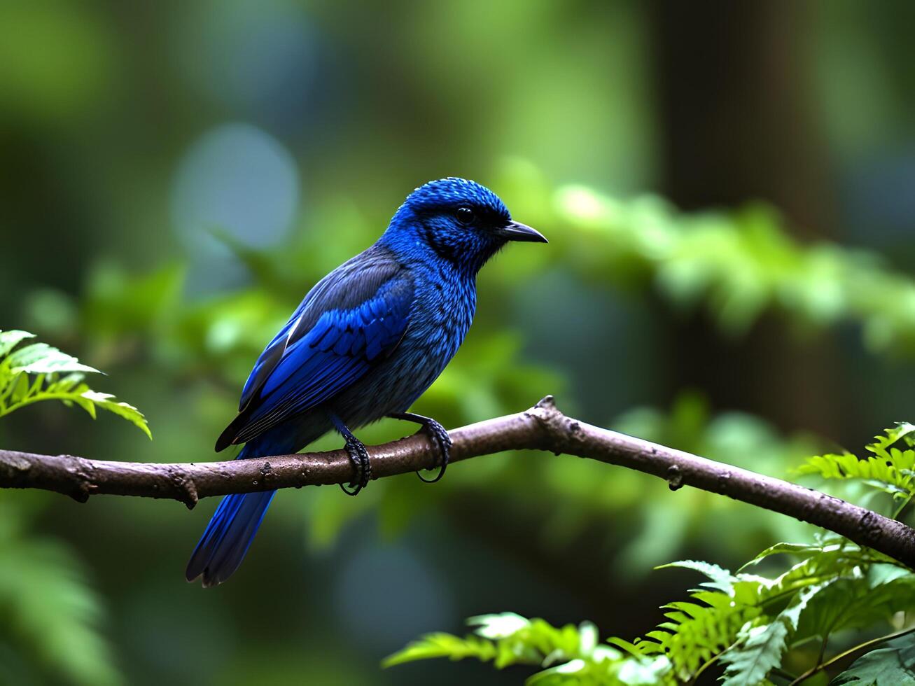 A blue bird sitting on a branch in the forest. photo