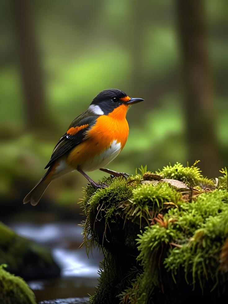 a bird is standing on a moss covered rock in the forest photo