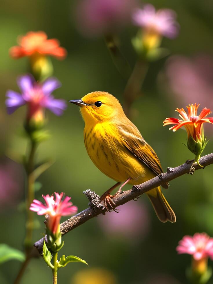 a yellow bird sits on a branch with colorful flowers photo