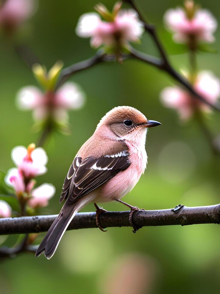 a small bird is sitting on a branch with pink flowers photo