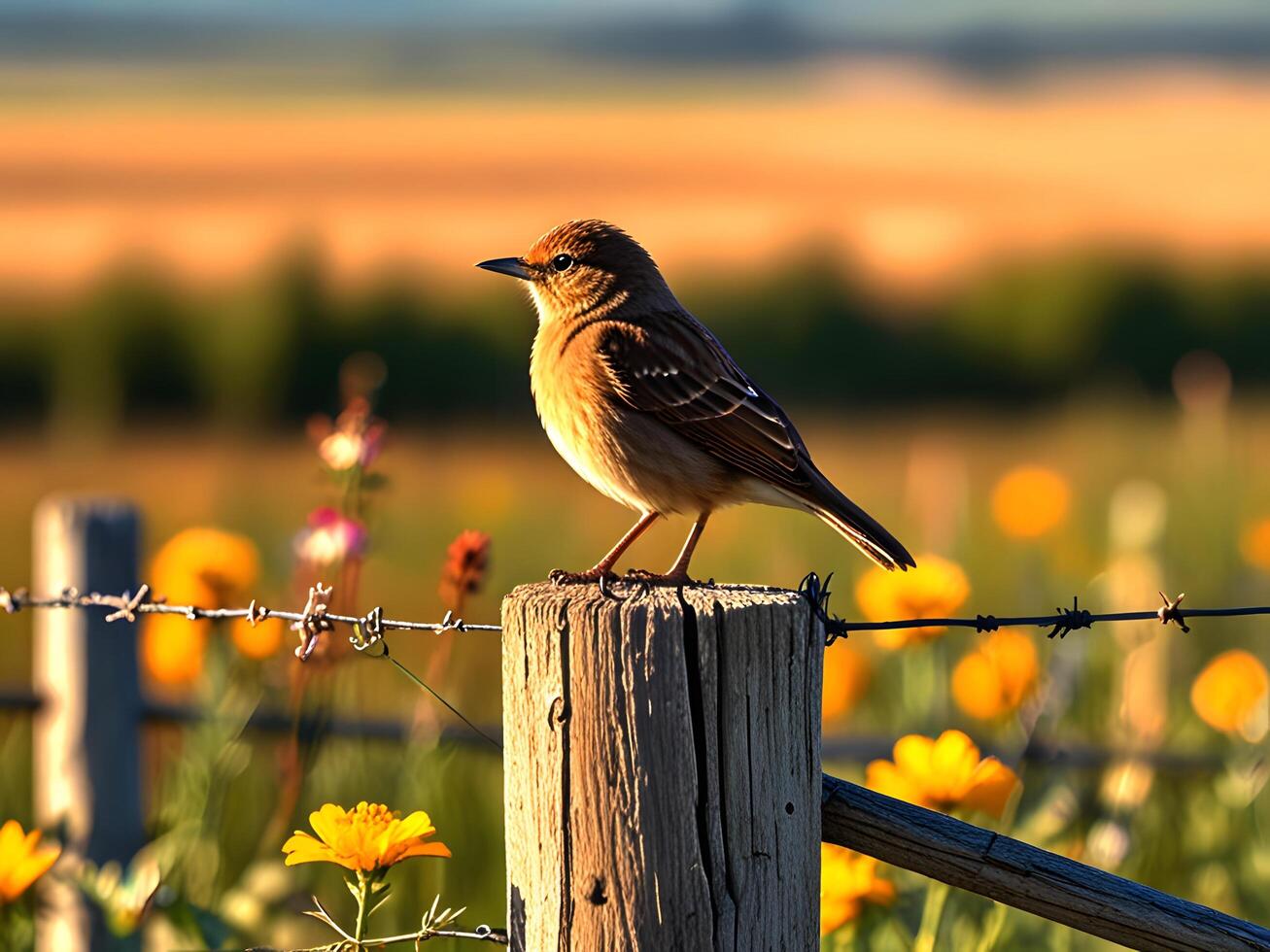 a bird sits on a fence post in a field photo