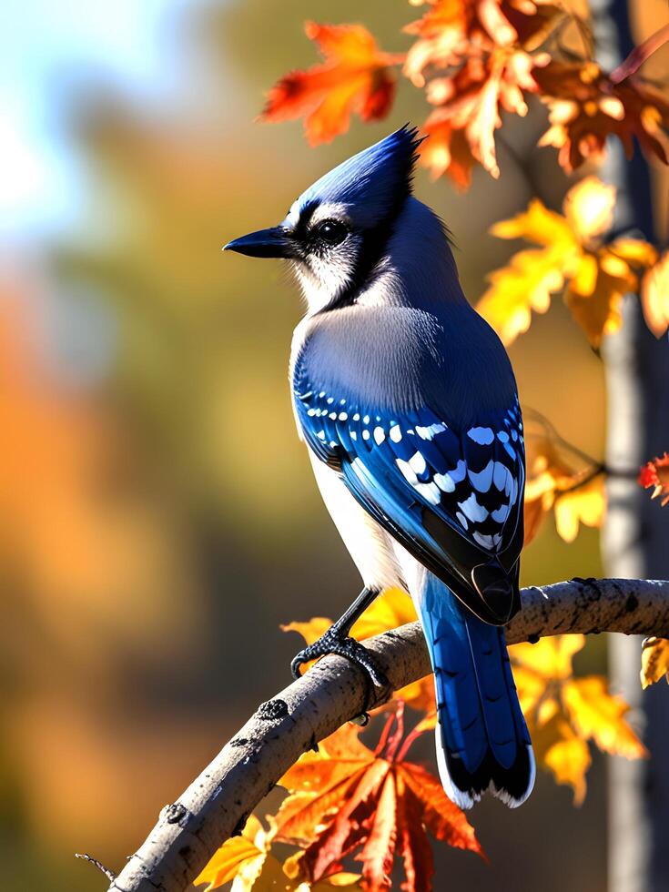 a blue jay perched on a branch in the fall photo