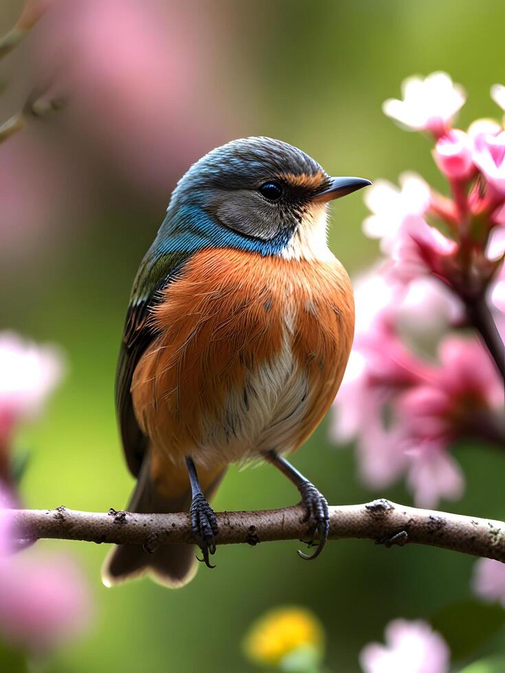 a colorful bird sits on a branch with pink flowers photo
