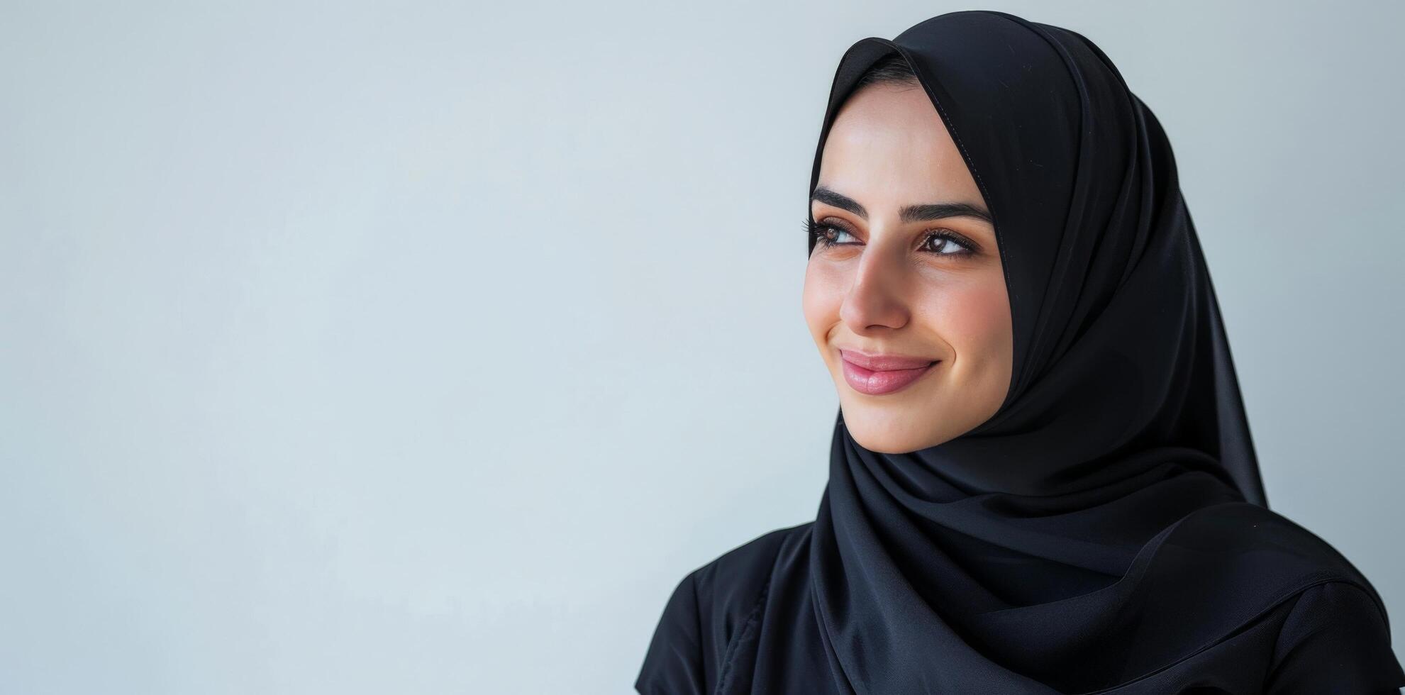 A woman wearing a black hijab is smiling photo