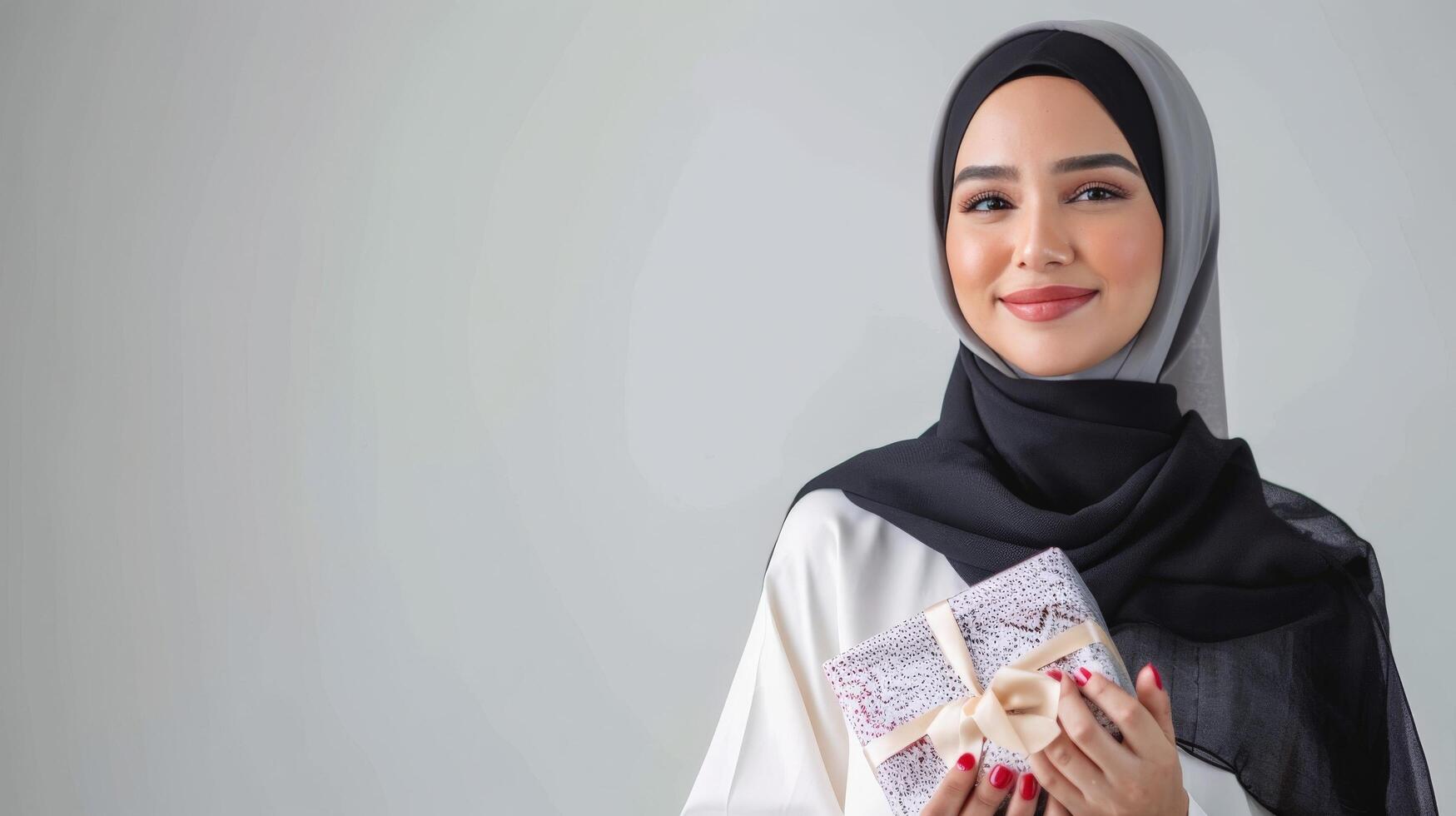 Beautiful muslim woman holding gift box photo