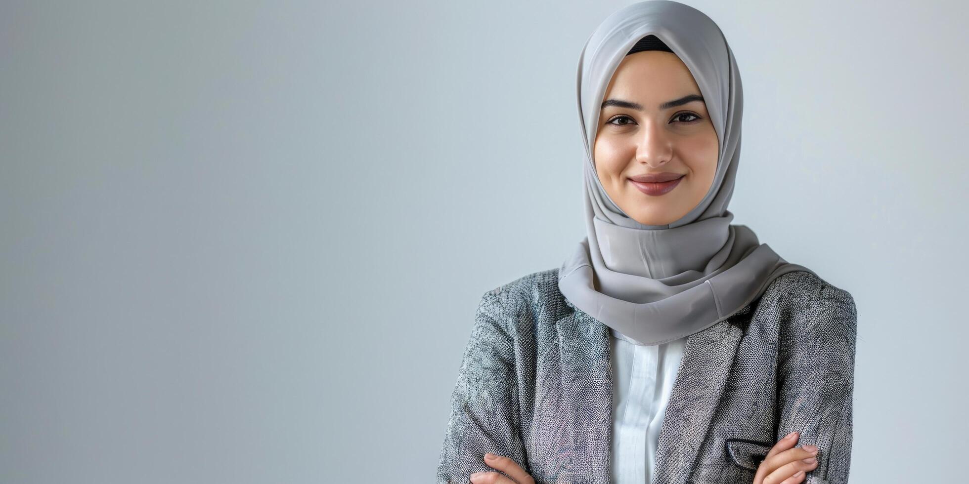 A woman in a hijab is standing with her arms crossed photo