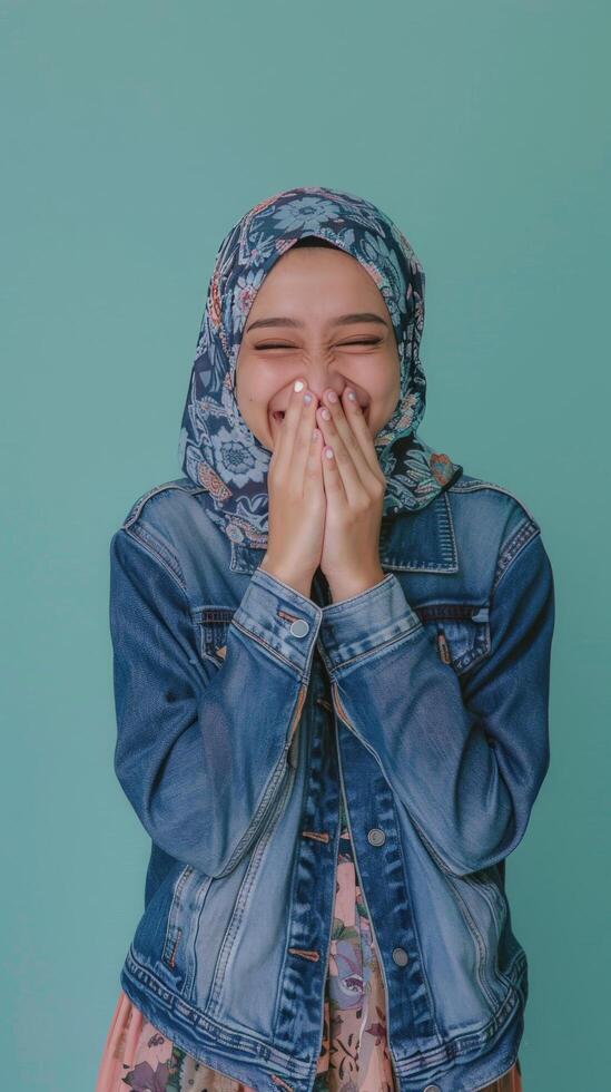 Young muslim woman laughing and covering her face with hands photo