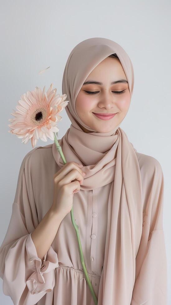 Beautiful muslim woman wearing hijab holding flower photo