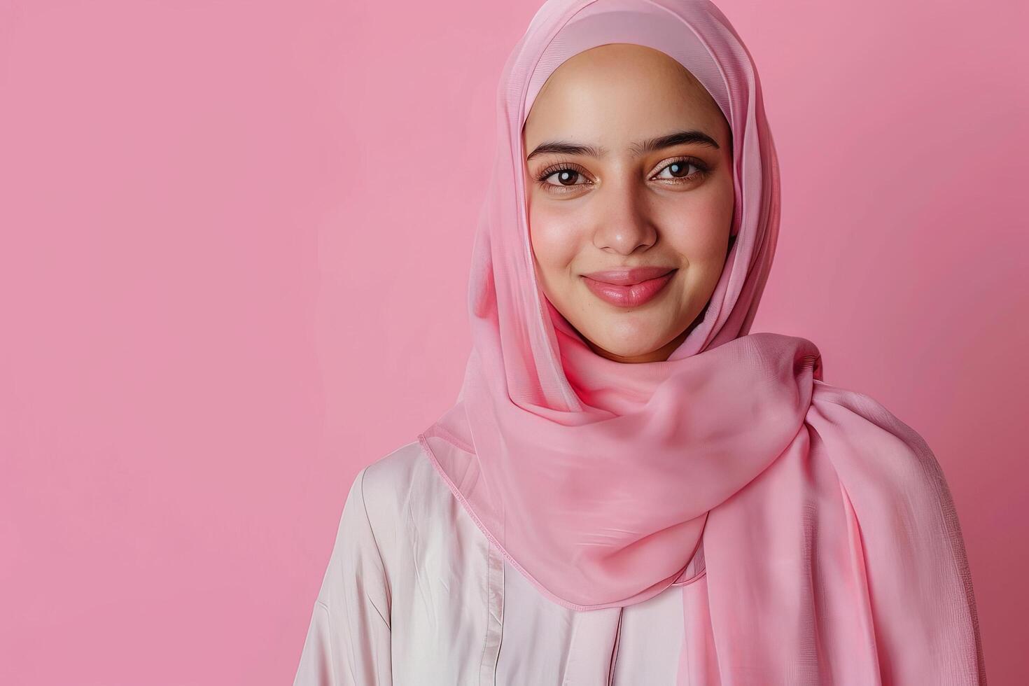 Portrait of a beautiful muslim woman wearing hijab on pink background photo