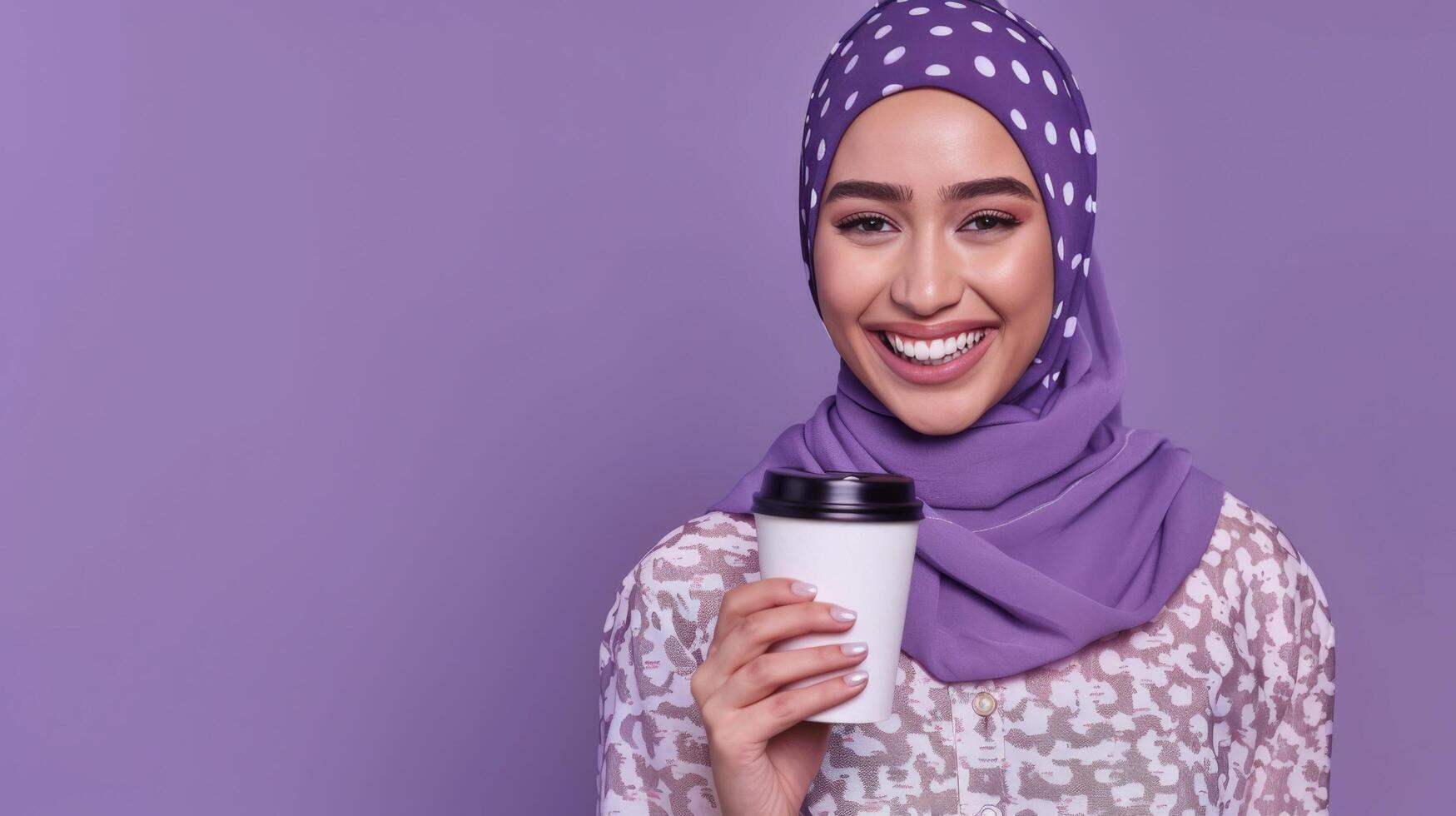 A woman wearing a hijab holding a cup of coffee photo