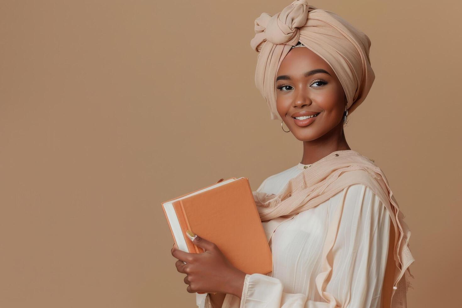 Beautiful african american woman in a turban holding a book photo