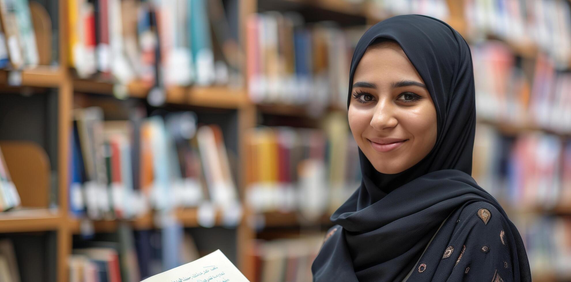 A young woman wearing a hijab is standing in front of bookshelves photo