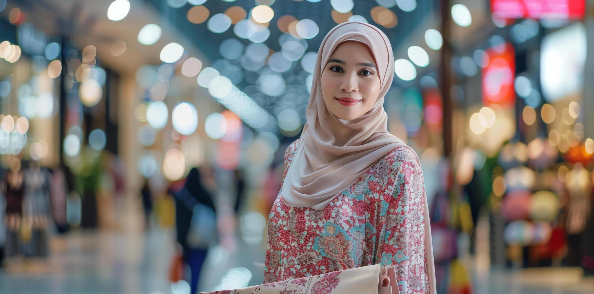 Beautiful muslim woman holding shopping bag in mall photo