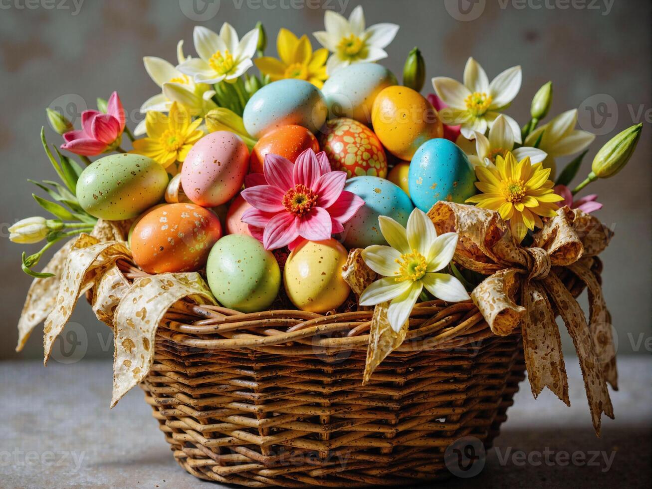 A basket filled with colorful easter eggs and flowers photo