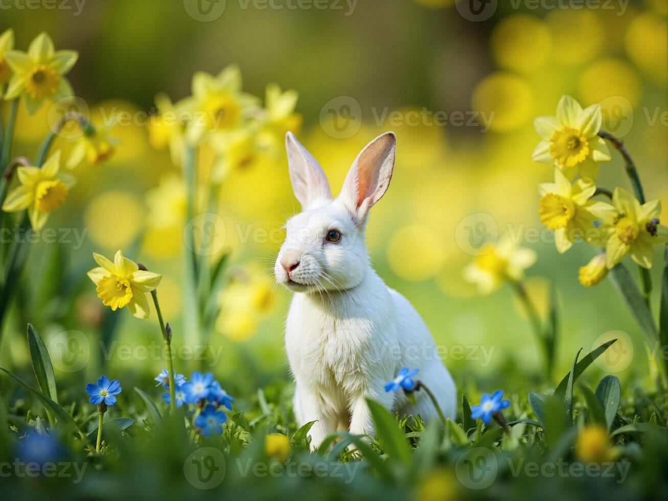 A white rabbit sitting in a field of flowers photo