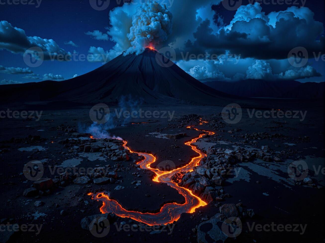 A lava flow is flowing into the ground at night photo