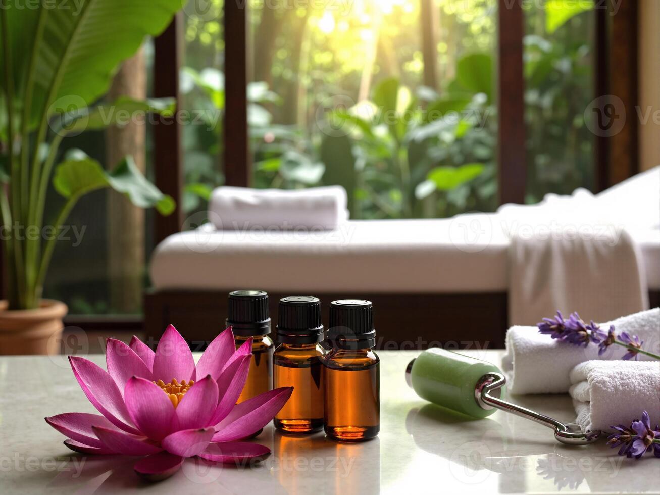 A massage table with two bottles of essential oils photo