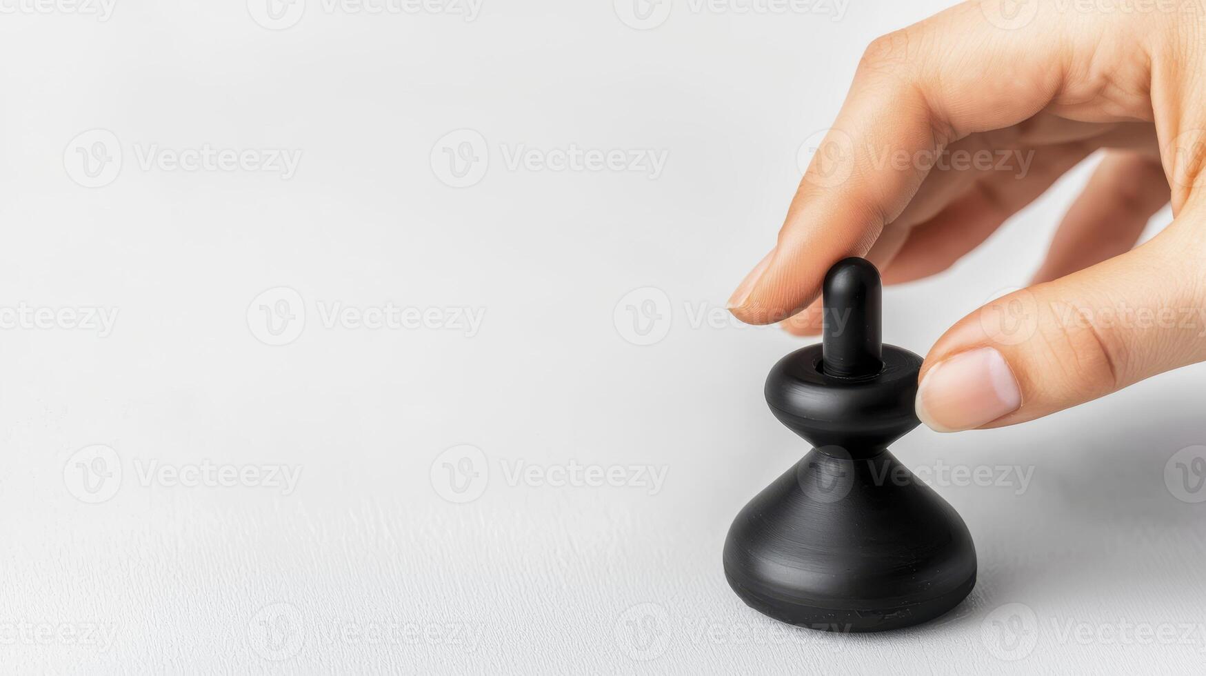 Hand Placing Black Chess Piece on Gray Surface photo