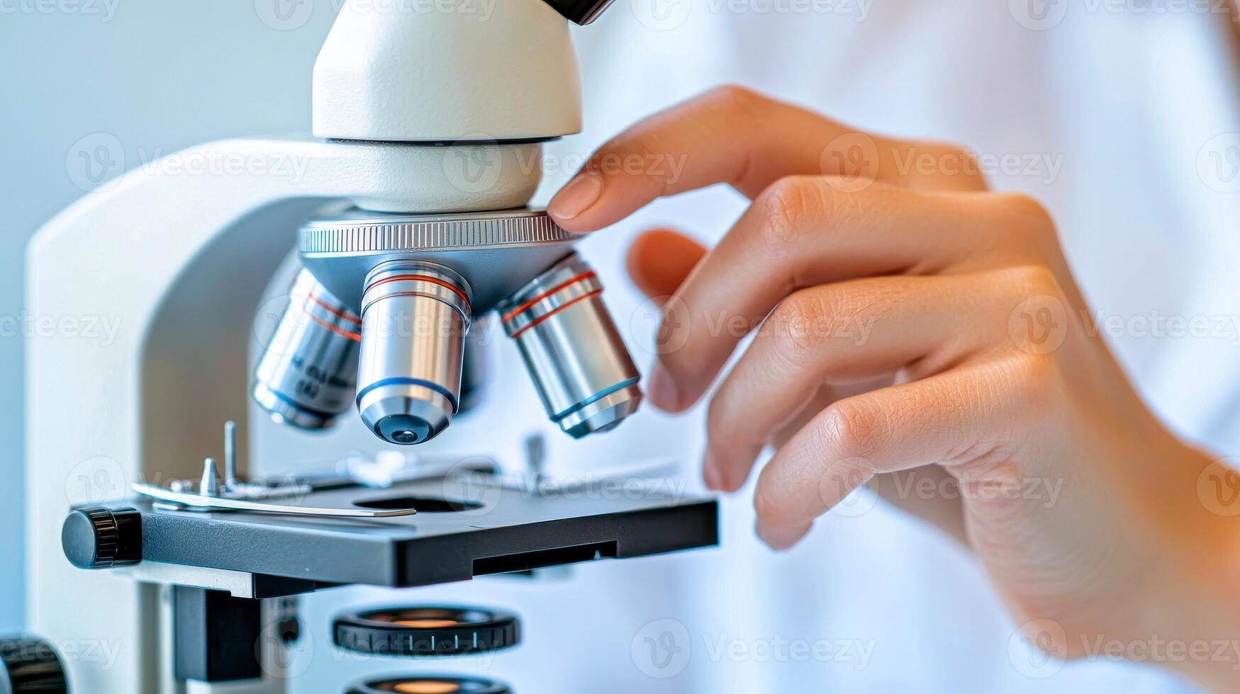 Close Up of a Researcher Adjusting Microscope Lens in Laboratory for Scientific Study Analysis photo