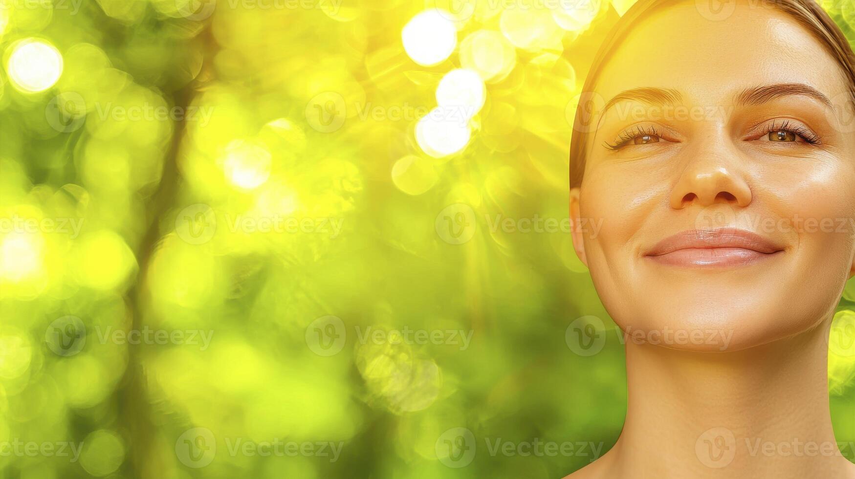 Happy woman smiling in natural sunlight with green blurry background in serene and peaceful environment photo