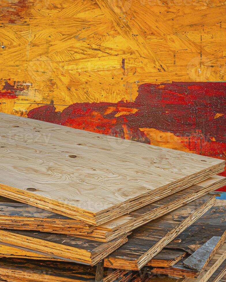 Stacked Plywood Sheets Against a Colorful Abstract Background of Yellow and Red Textures photo