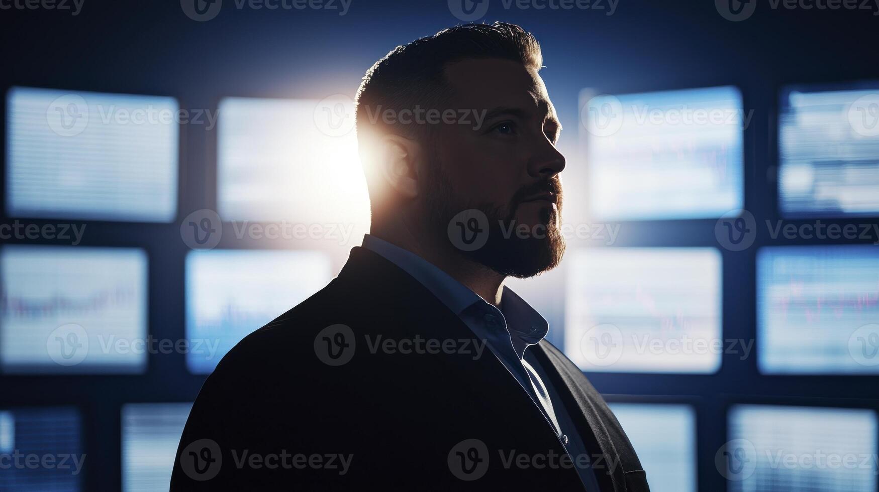 Serious Businessman Silhouette Against Data Screens photo