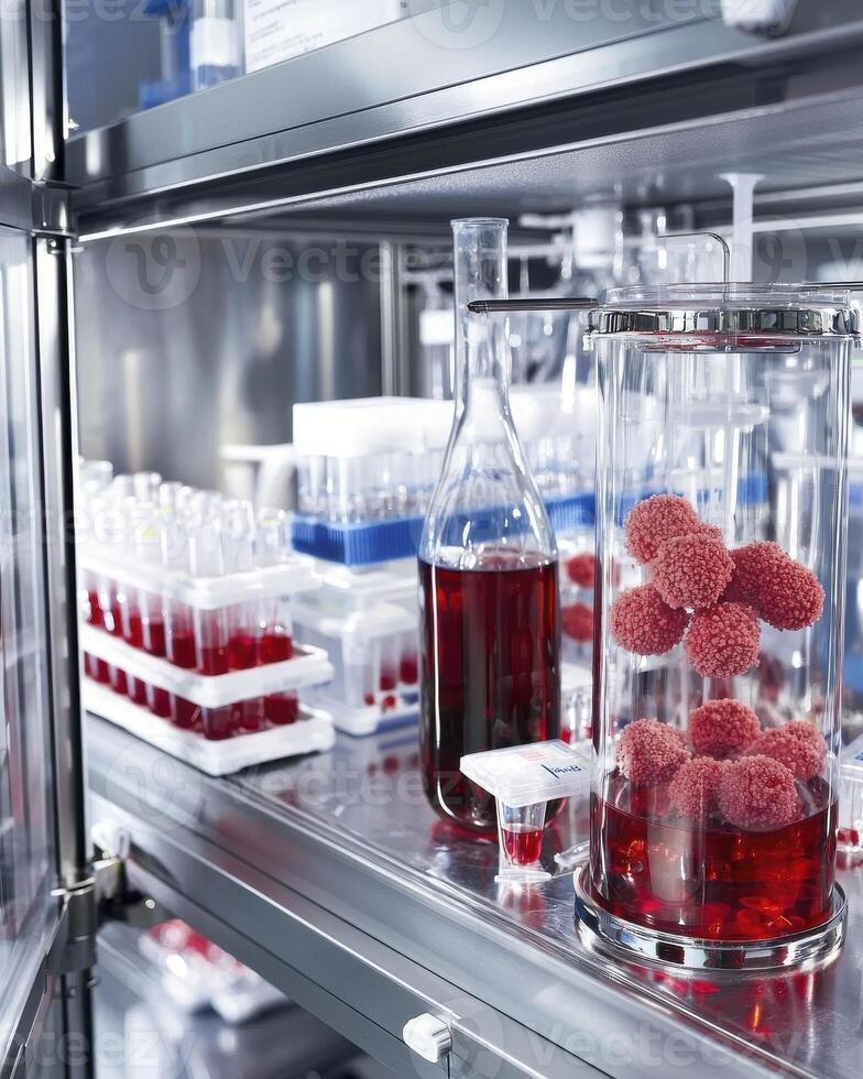 Laboratory Workspace with Glassware and Red Solutions for Scientific Research and Experimentation photo