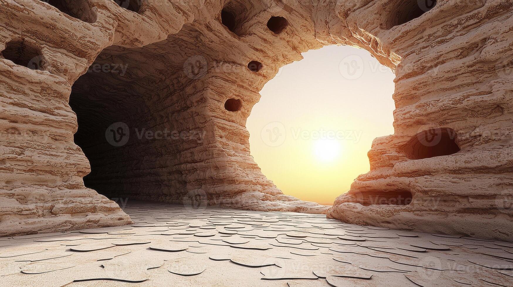 Serene Natural Cave at Sunset with Warm Light and Unique Rock Formation on Sandy Ground photo