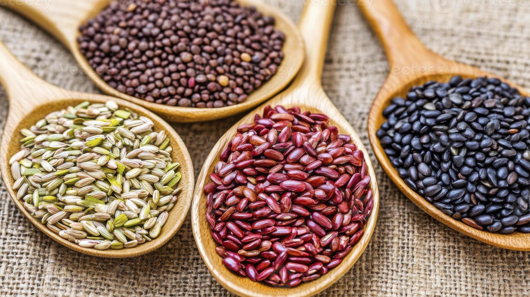 Colorful Seeds and Grains in Wooden Spoons on Burlap photo