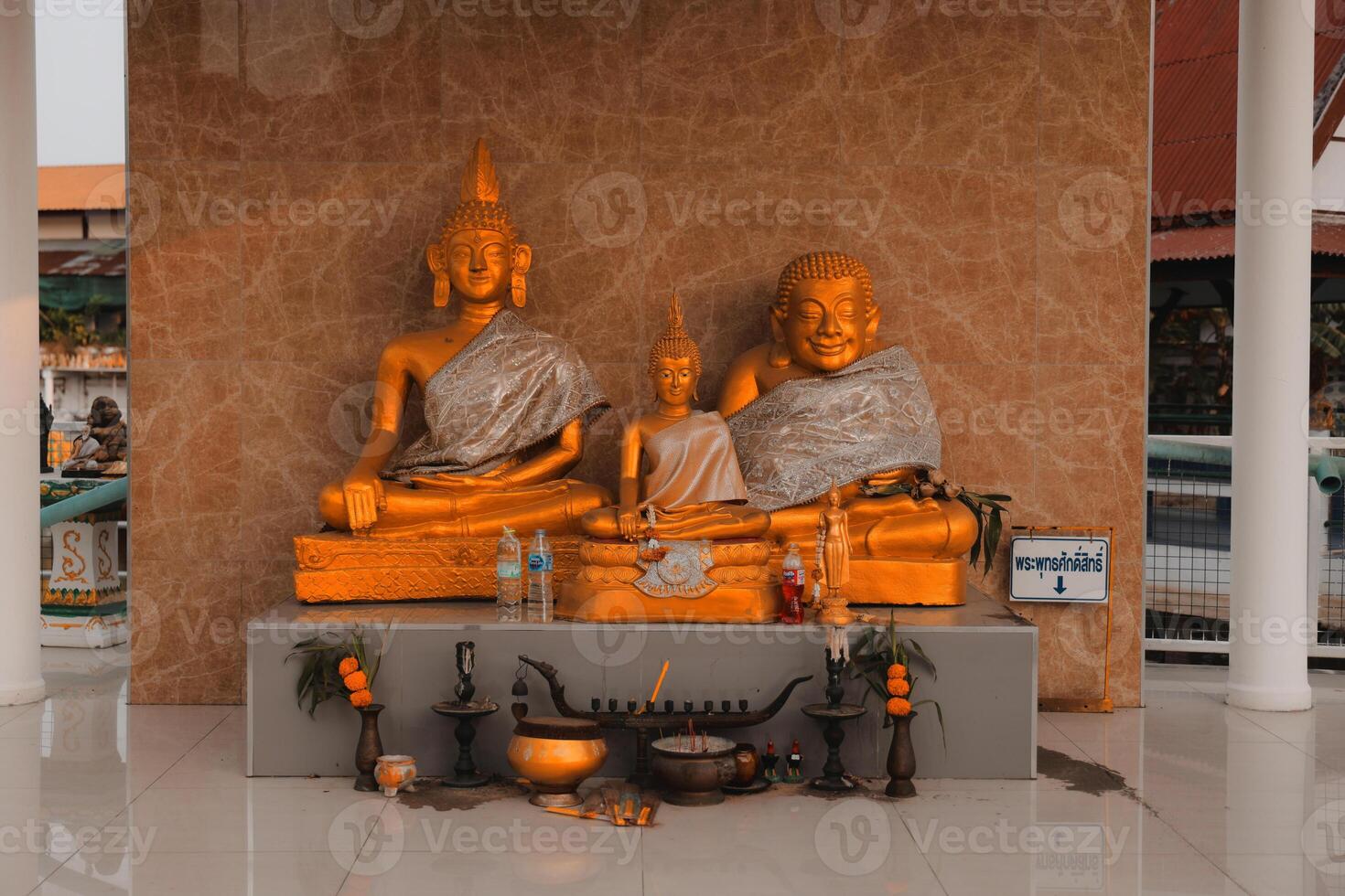 The Golden Buddha Statues are beautifully placed in a tranquil space for serene meditation photo