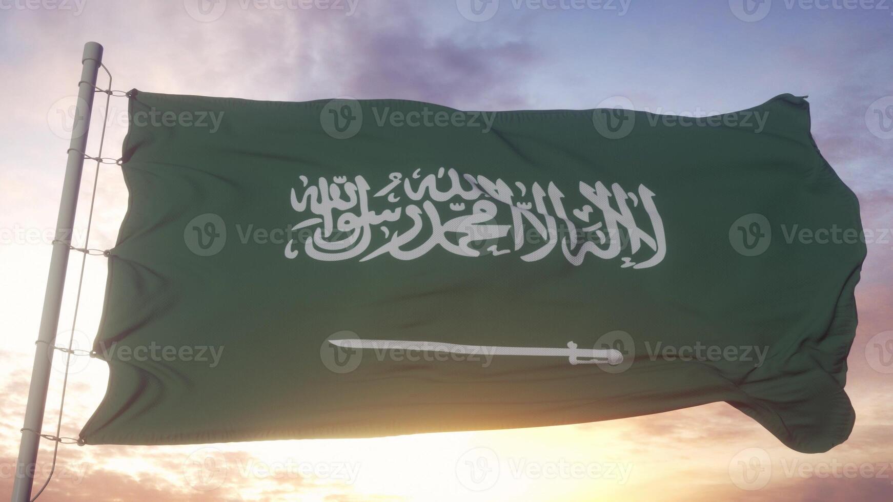 Flag of Saudi Arabia waving in the wind, sky and sun background. 3d illustration. photo