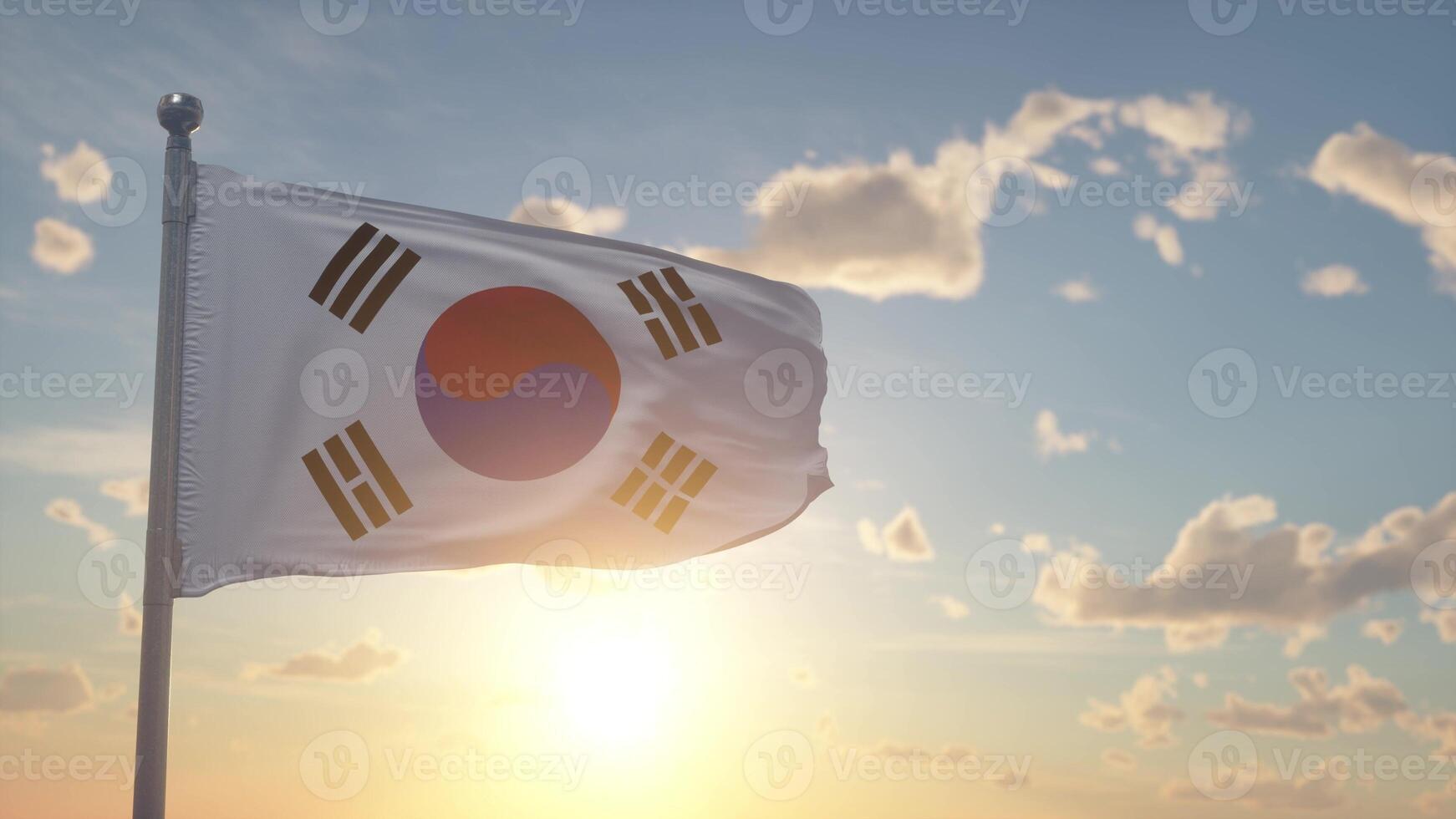 South Korea flag on pole waving in the wind sky background. The national flag of South Korea. 3d illustration photo
