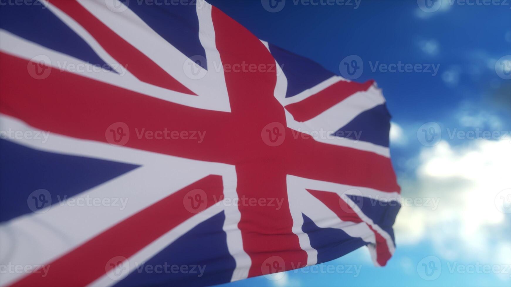 Realistic flag of United Kingdom waving in the wind against deep blue sky. 3d illustration photo